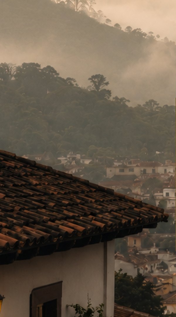 Tejados de teja de San Cristóbal con la ciudad y las montañas al fondo