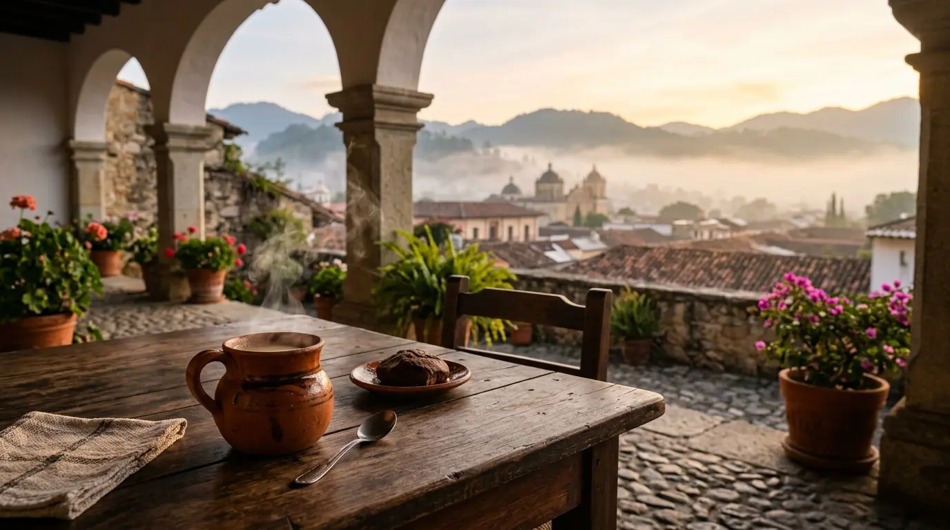 Taza de café de Chiapas humeante en un patio con niebla