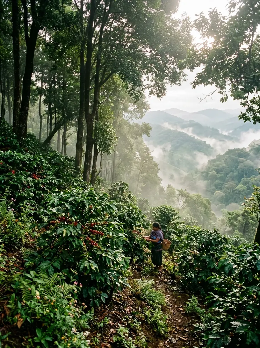 Cafetal de sombra entre árboles en las montañas de Chiapas
