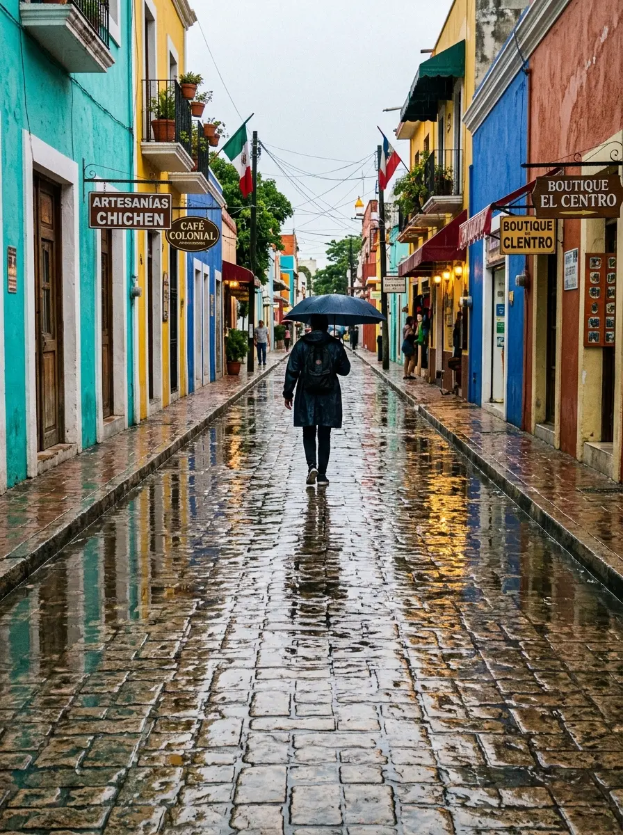 Calle empedrada del centro de San Cristóbal de las Casas en una tarde de lluvia
