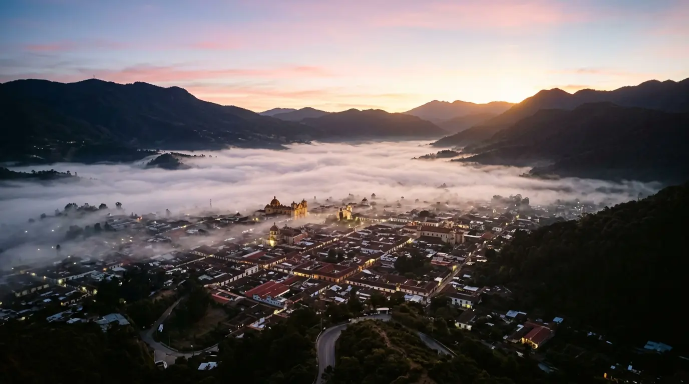 Valle de San Cristóbal de las Casas cubierto de niebla al amanecer