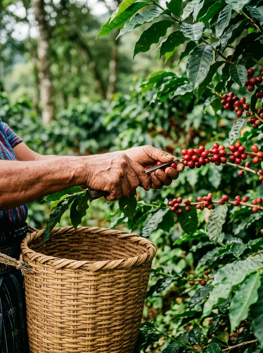Manos cosechando cerezas rojas de café en una finca de Chiapas