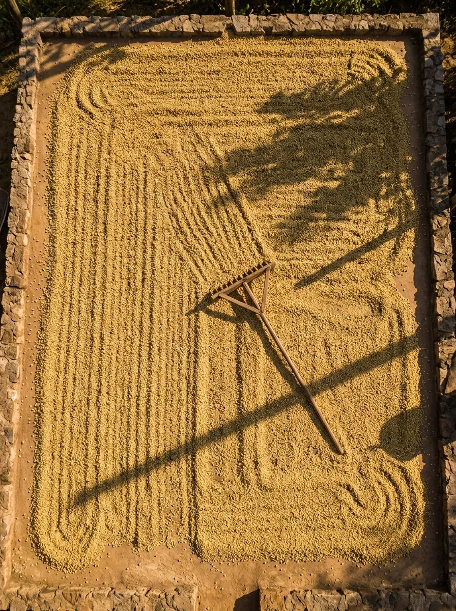 Granos de café secándose al sol sobre un patio en Chiapas