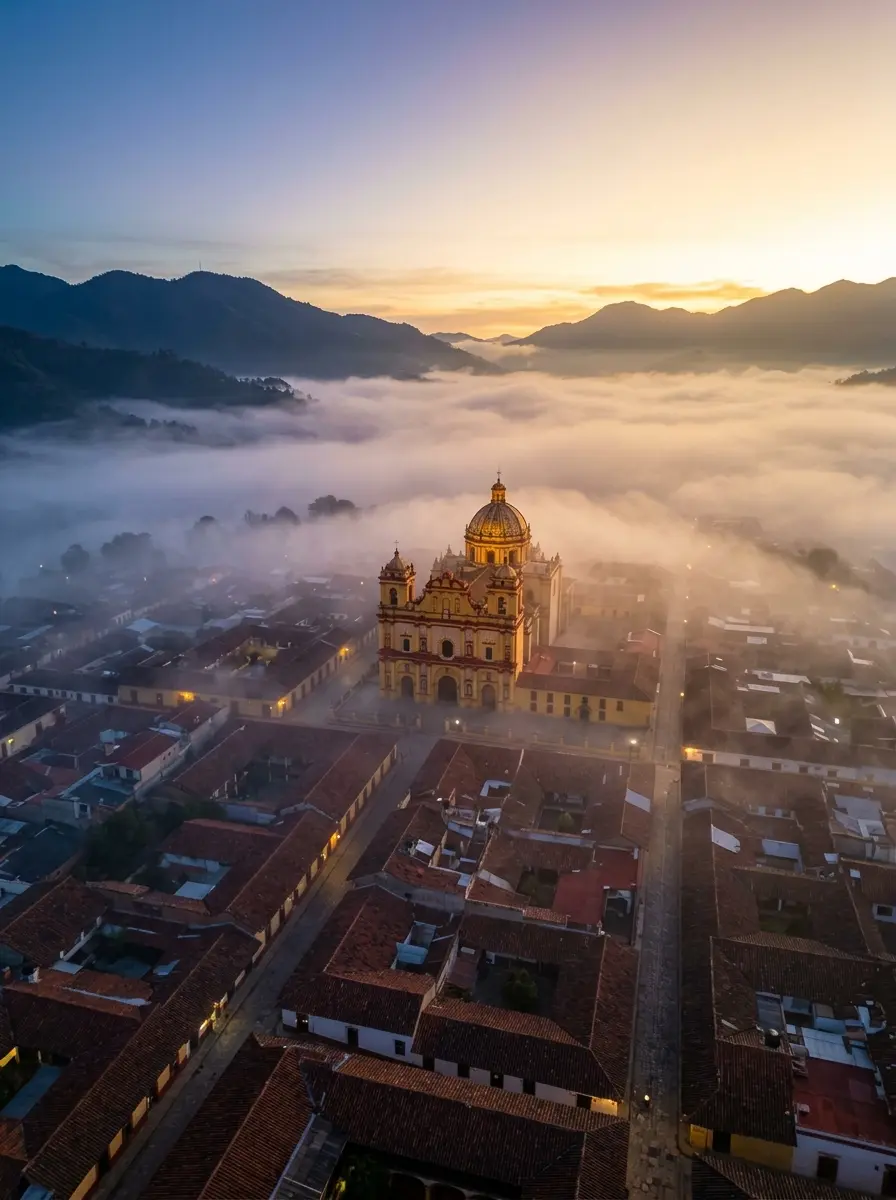 Niebla sobre los tejados y cúpulas de San Cristóbal de las Casas al amanecer