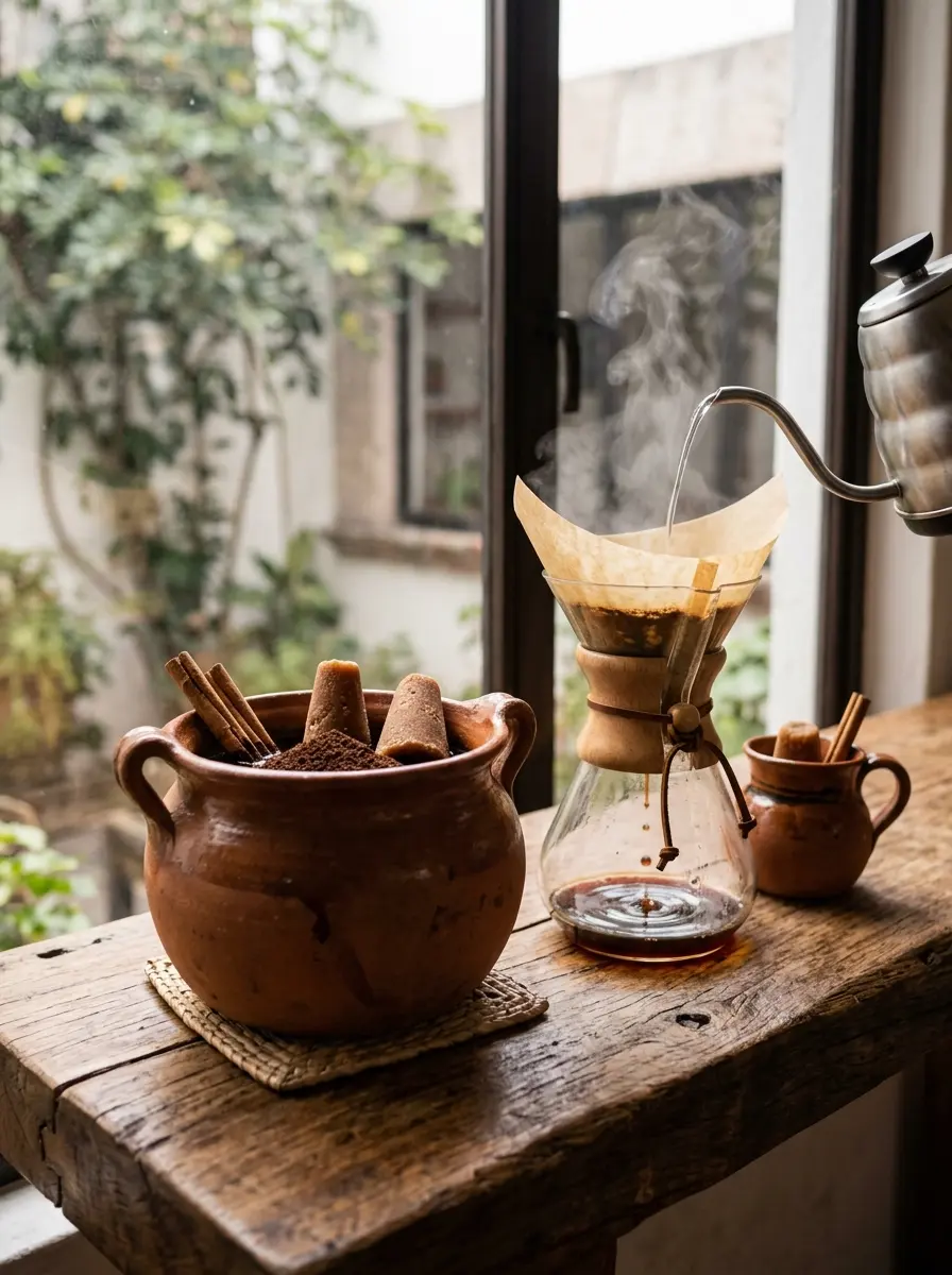 Preparación de café de olla y café filtrado sobre una barra de madera