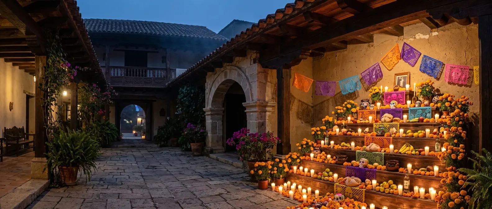 Ofrenda de Día de Muertos con velas y flor de cempasúchil en San Cristóbal de las Casas