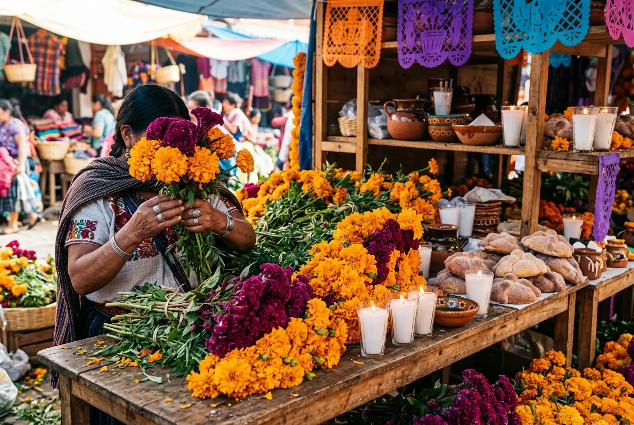 Puestos de flor de cempasúchil y veladoras en el mercado de San Cristóbal de las Casas