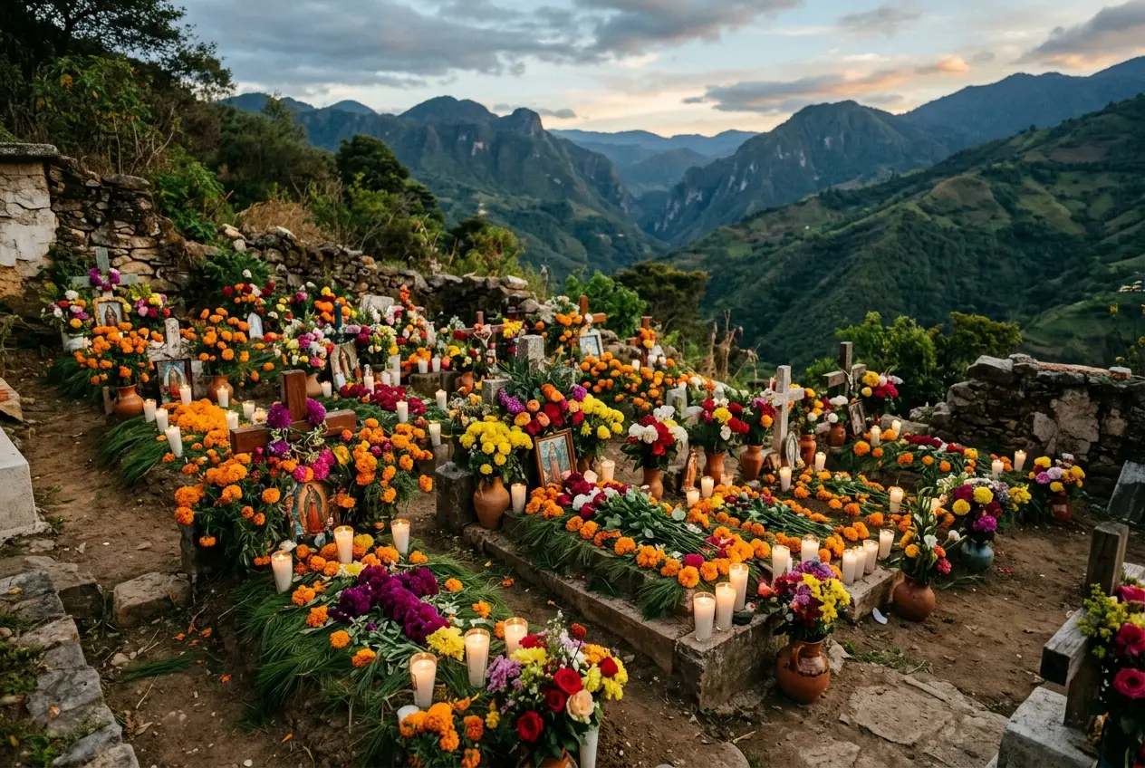 Panteón de Zinacantán cubierto de flores y juncia en Día de Muertos
